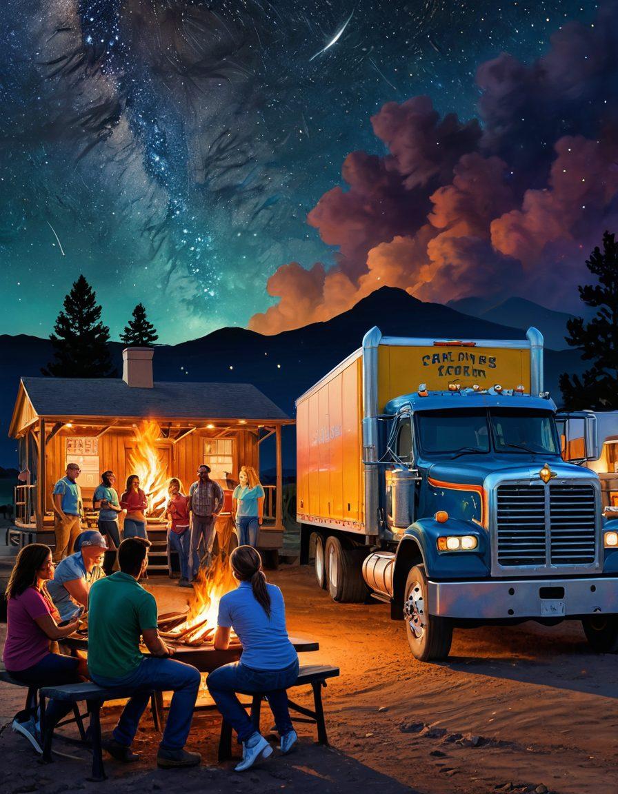 A vibrant community of truckers, both men and women, gathered around a roaring bonfire in the middle of a picturesque truck stop. Trucks of all sizes and colors are parked in the background, with a moonlit sky and twinkling stars setting an inviting atmosphere. Nearby, a large bulletin board features announcements for forums, networks, and upcoming events. The scene exudes camaraderie and warmth. Detailed illustration. vibrant colors. night setting.
