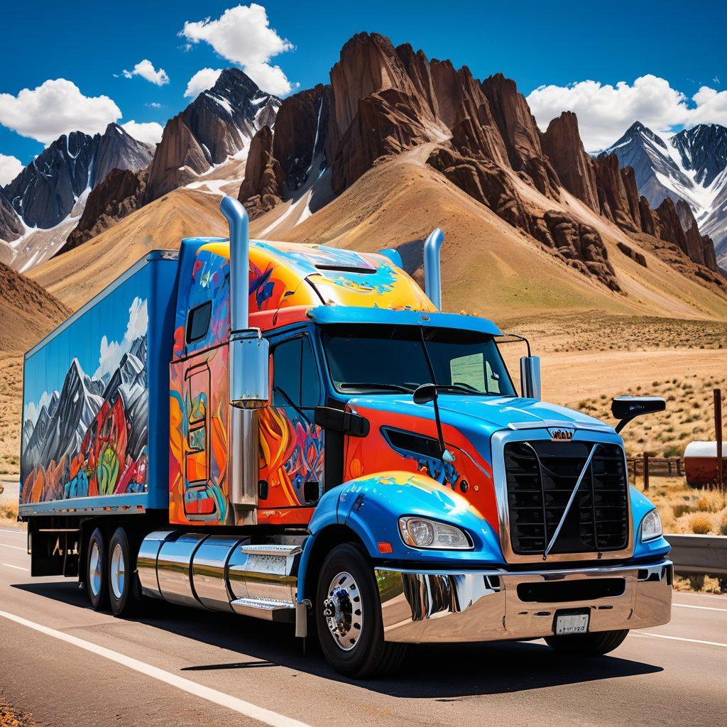 A rugged yet stylish trucker driving a massive, glossy semi-truck down an open highway, with dramatic mountains and wide blue skies in the background. The truck is adorned with graffiti-style art, and the cab's interior is visible, showing cozy, lived-in decorations and a sleeping area. super-realistic. vibrant colors. high contrast.